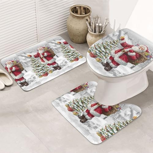3-teiliges Badezimmerteppich-Set, ultraweich, rutschfester Badteppich und saugfähige Badematte, Weihnachtsmann, Schnee, Sekenry, Badezimmerteppich, Badewanne, Dusche von SMSJTMWHN