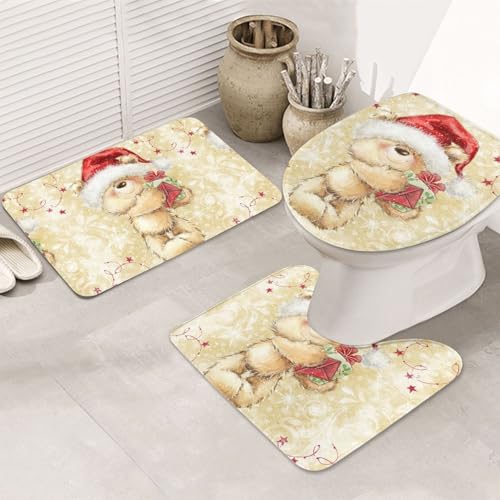 3-teiliges Badezimmerteppich-Set, ultraweich, rutschfester Badteppich und saugfähige Badematte, Weihnachtsmannmütze, Geschenk und Frohe Weihnachten, Badezimmerteppich, Badewanne, Dusche von SMSJTMWHN