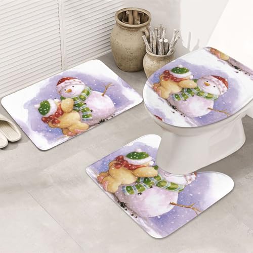 3-teiliges Badezimmerteppich-Set, ultraweich, rutschfester Badteppich und saugfähige Badematte, Winter-Schneemann, Badezimmerteppich, Badewanne, Dusche von SMSJTMWHN