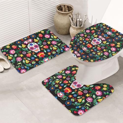3-teiliges Badezimmerteppich-Set, ultraweich, rutschfester Badteppich und saugfähige Badematte, Zuckerhorror-Totenkopf und Blumen, Badezimmerteppich, Badewanne, Dusche von SMSJTMWHN