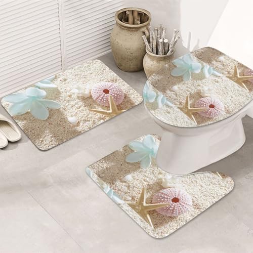 3-teiliges Badezimmerteppich-Set, ultraweich, rutschfester Badteppich und saugfähige Badematte, blaue Blume mit Seestern am Strand, Badezimmerteppich, Badewanne, Dusche von SMSJTMWHN