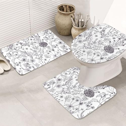 3-teiliges Badezimmerteppich-Set, ultraweich, rutschfester Badteppich und saugfähige Badematte, blühende Kräuter und krautige Pflanzen, Badezimmerteppiche, Badewanne, Dusche von SMSJTMWHN
