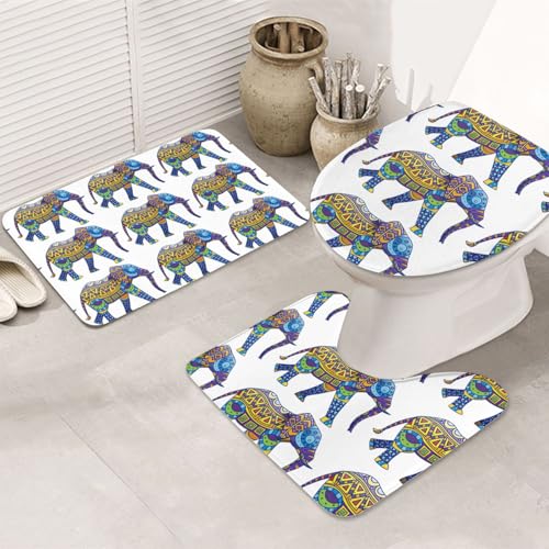 3-teiliges Badezimmerteppich-Set, ultraweich, rutschfester Badteppich und saugfähige Badematte, bunte Elefanten-Badezimmerteppiche, Badewanne, Dusche von SMSJTMWHN