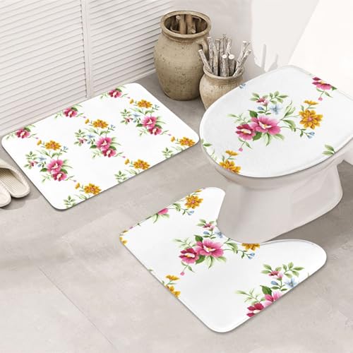 3-teiliges Badezimmerteppich-Set, ultraweich, rutschfester Badteppich und saugfähige Badematte, handbemalte Blumen-Badezimmerteppiche, Badewanne, Dusche von SMSJTMWHN
