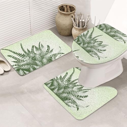 3-teiliges Badezimmerteppich-Set, ultraweich, rutschfester Badteppich und saugfähige Badematte, natürliche Pflanze, Farnblätter, Badezimmerteppiche, Badewanne, Dusche von SMSJTMWHN