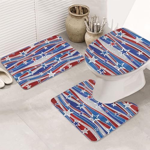 3-teiliges Badezimmerteppich-Set, ultraweich, rutschfester Badteppich und saugfähige Badematte, patriotische Sterne, Unabhängigkeitstag, Badezimmerteppich, Badewanne, Dusche von SMSJTMWHN