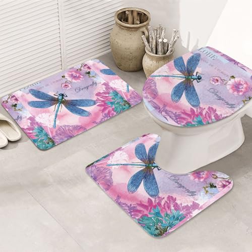 3-teiliges Badezimmerteppich-Set, ultraweich, rutschfester Badteppich und saugfähige Badematte, rosa Blume und Libelle, Badezimmerteppich, Badewanne, Dusche von SMSJTMWHN