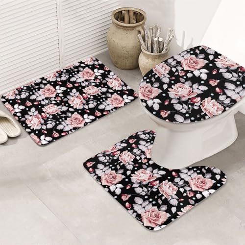 3-teiliges Badezimmerteppich-Set, ultraweich, rutschfester Badteppich und saugfähige Badematte, rosa Blumen-Badezimmerteppiche, Badewanne, Dusche von SMSJTMWHN