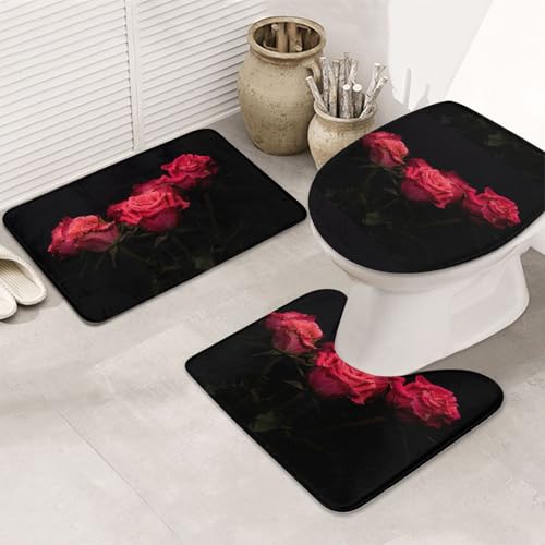 3-teiliges Badezimmerteppich-Set, ultraweich, rutschfester Badteppich und saugfähige Badematte, rote Rose und schwarze Blätter, Badezimmerteppiche, Badewanne, Dusche von SMSJTMWHN