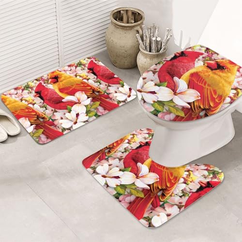 3-teiliges Badezimmerteppich-Set, ultraweich, rutschfester Badteppich und saugfähige Badematte, rotes Vogel-Design, Badezimmerteppich, Badewanne, Dusche von SMSJTMWHN