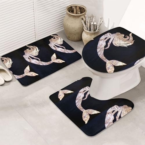 3-teiliges Badezimmerteppich-Set, ultraweich, rutschfester Badteppich und saugfähige Badematte, schwarze Meerjungfrauen-Badezimmerteppiche, Badewanne, Dusche von SMSJTMWHN