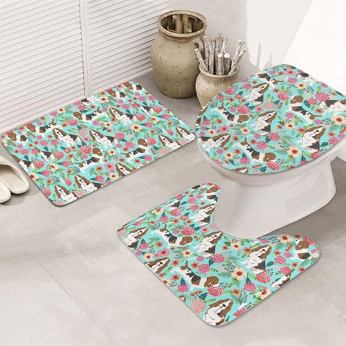 3-teiliges Badezimmerteppich-Set, ultraweich, rutschfester Badteppich und saugfähige Badematte, süßer Basset Hound Blumen, Badezimmerteppich, Badewanne, Dusche von SMSJTMWHN