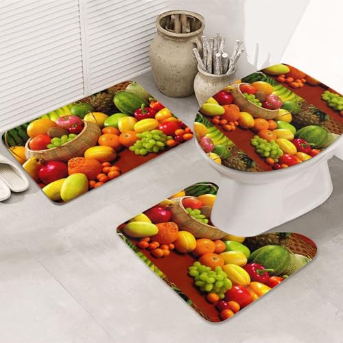 3-teiliges Badezimmerteppich-Set, ultraweich, rutschfester Badteppich und saugfähige Badematte, verschiedene frische Gemüse, Obst, Badezimmerteppiche, Badewanne, Dusche von SMSJTMWHN