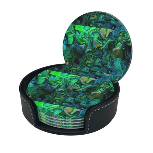Abalone Untersetzer mit Perlmutt-Druck, rund, Leder, Bar, Bier, Getränke, Untersetzer, Set mit 6 Tassen, Tassen, Matte für Zuhause, Küche von SMSJTMWHN