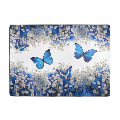Moderner Teppich für den Innenbereich, blaue Schmetterlinge, weiße Blumen, Teppiche für Schlafzimmer, Wohnzimmer, extra weich und bequem, perfekt für Hartholzböden, 203 x 147 cm von SMSJTMWHN