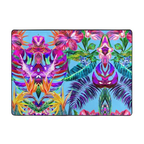 Moderner Teppich für den Innenbereich, rosa Blumen, tropische Pflanzen, Teppiche für Schlafzimmer, Wohnzimmer, extra weich und bequem, perfekt für Hartholzböden, 203 x 147 cm von SMSJTMWHN