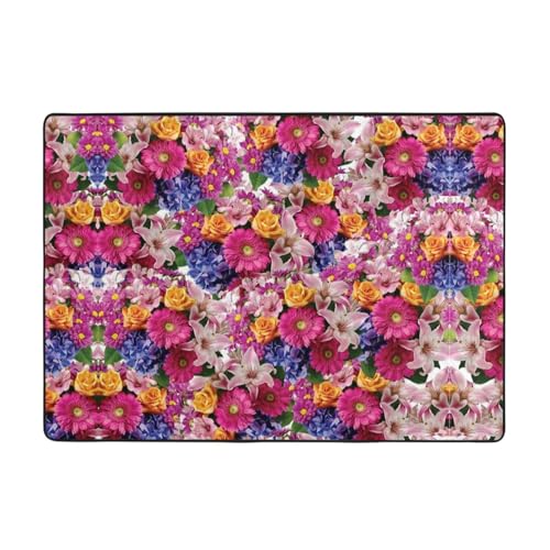 Moderner Teppich für den Innenbereich, rosa Blumen und goldene Rosen, Teppiche für Schlafzimmer, Wohnzimmer, extra weich und bequem, perfekt für Hartholzböden, 203 x 147 cm von SMSJTMWHN