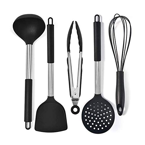 SMSOM 5 Stück Silikon-Kochutensilien Set mit Halter, Küchenutensilien-Sets für Nichtstick-Kochgeschirr, Schwarze Küchin-Tools Spatel mit Edelstahlgriff (Color : Black) von SMSOM