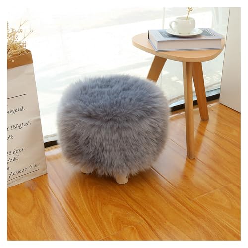 Fellhocker Kunstfell Plüsch Ottomane flauschig Gepolsterter Fußhocker Rund Sitzhocker Felloptik Dekohocker mit Holzbeinen Sofahocker Shaggy Kleine Bank für Wohnzimmer Schlafzimmer(30 * 30cm,Grau) von SMTCM