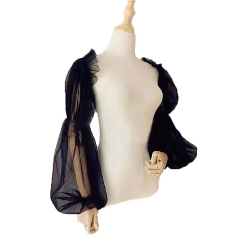 SMTCM 1 Paar Abnehmbare Puffärmel für Hochzeitskleid Schwarz Brautärmel Tüll Armel mit Spandex Band Durchsichtige Armstulpen Armabdeckung Brautzubehör Fingerlose Handschuhe Lange Fakeärmel für Damen von SMTCM