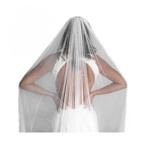Brautschleier mit Perlen Weiß/Ivory Braut Hochzeit Softtüll Hochzeitsschleier 1 Schicht Weicher Tüll Mit Metall Kamm Elegent Kirche Langer Schleier Perlenschleier Haarschmuck für Damen 45-500cm von SMTCM