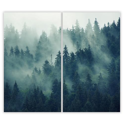 SMTDeco Herdabdeckplatte 2×30×52 cm – Mehr Arbeitsfläche, Spritzschutz & Schneidebrett – ESG Glas, kratzfest – für Induktion/Ceranfeld – 2-teilig, Motiv Wald Nebel Grün von SMTDeco