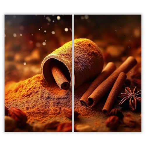 SMTDeco Herdabdeckplatte 2×30×52 cm – Mehr Arbeitsfläche, Spritzschutz & Schneidebrett – ESG Glas, kratzfest – für Induktion/Ceranfeld – 2-teilig, Motiv Zimt Gewürze Orange von SMTDeco