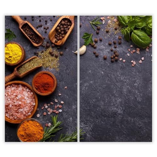 SMTDeco Herdabdeckplatte 2×30×52 cm – Mehr Arbeitsfläche, Spritzschutz & Schneidebrett – ESG Glas, kratzfest – für Induktion/Ceranfeld – 2-teilig, Motiv Gewürze Schüssel Blau von SMTDeco