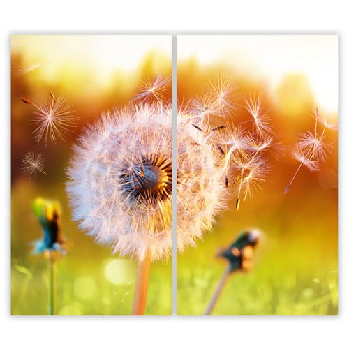 SMTDeco Herdabdeckplatte 2×30×52 cm – Mehr Arbeitsfläche, Spritzschutz & Schneidebrett – ESG Glas, kratzfest – für Induktion/Ceranfeld – 2-teilig, Motiv Löwenzahn Blume Orange von SMTDeco