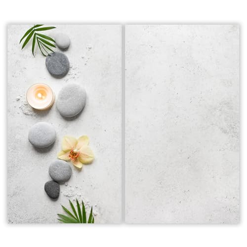 SMTDeco Herdabdeckplatte 2×30×52 cm – Mehr Arbeitsfläche, Spritzschutz & Schneidebrett – ESG Glas, kratzfest – für Induktion/Ceranfeld – 2-teilig, Motiv Stein Blume Grau von SMTDeco