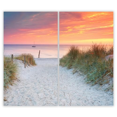 SMTDeco Herdabdeckplatte 2×30×52 cm – Mehr Arbeitsfläche, Spritzschutz & Schneidebrett – ESG Glas, kratzfest – für Induktion/Ceranfeld – 2-teilig, Motiv Strand Meer Orange von SMTDeco