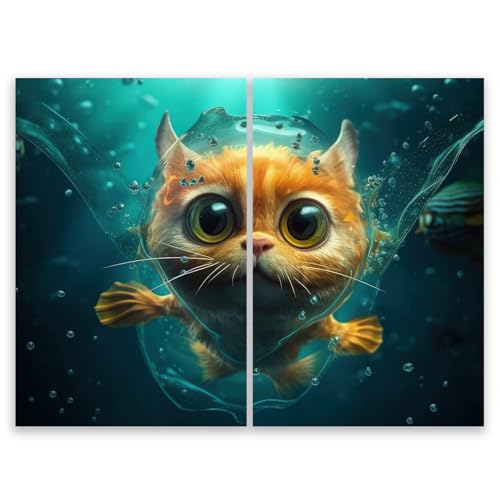 SMTDeco Herdabdeckplatte 2×35×52 cm – ESG gehärtetes Glas, kratzfest & rutschfest – Spritzschutz & Schneidebrett – für Induktion/Ceranfeld – 2-teilig, Motiv Katze Wasser Orange von SMTDeco