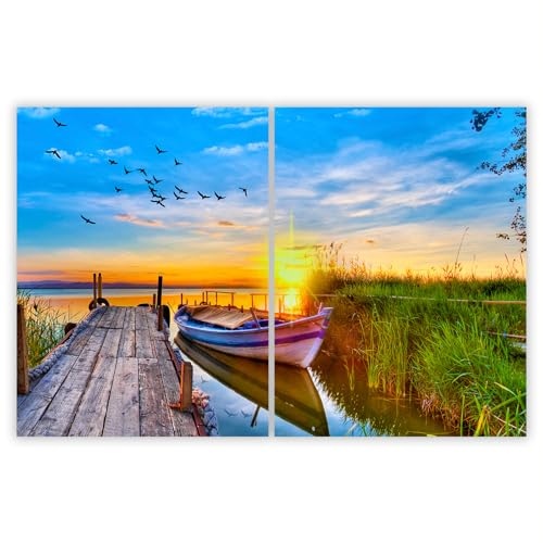 SMTDeco Herdabdeckplatte 2×40×52 cm – Mehr Arbeitsfläche, Spritzschutz & Schneidebrett – ESG Glas, kratzfest – für Induktion/Ceranfeld – 2-teilig, Motiv Boot See Blau von SMTDeco