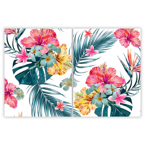 SMTDeco Herdabdeckplatte 2×40×52 cm – Mehr Arbeitsfläche, Spritzschutz & Schneidebrett – ESG Glas, kratzfest – für Induktion/Ceranfeld – 2-teilig, Motiv Exotisch Blumen Blau von SMTDeco