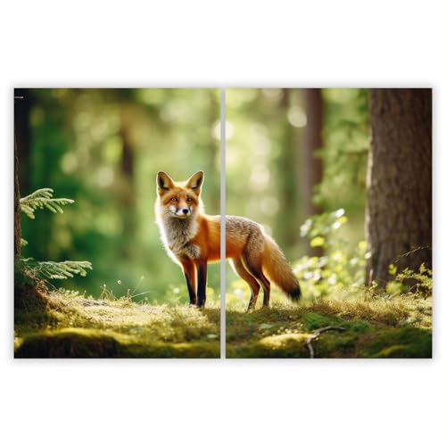 SMTDeco Herdabdeckplatte 2×40×52 cm – Mehr Arbeitsfläche, Spritzschutz & Schneidebrett – ESG Glas, kratzfest – für Induktion/Ceranfeld – 2-teilig, Motiv Fuchs Wald Grün von SMTDeco