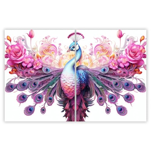 SMTDeco Herdabdeckplatte 2×40×52 cm – ESG gehärtetes Glas, kratzfest & rutschfest – Spritzschutz & Schneidebrett – für Induktion/Ceranfeld – 2-teilig, Motiv Pfau Blumen Rosa von SMTDeco