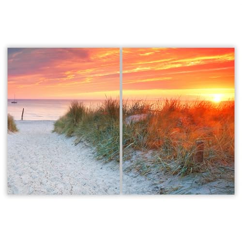SMTDeco Herdabdeckplatte 2×40×52 cm – Mehr Arbeitsfläche, Spritzschutz & Schneidebrett – ESG Glas, kratzfest – für Induktion/Ceranfeld – 2-teilig, Motiv Strand Meer Orange von SMTDeco