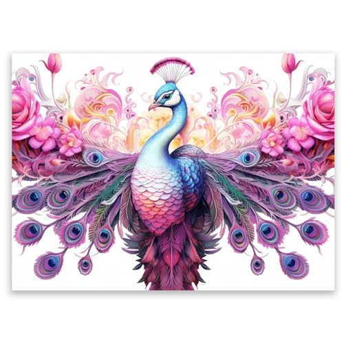 SMTDeco Herdabdeckplatte 30×22 cm – Mehr Arbeitsfläche, Spritzschutz & Schneidebrett – ESG Glas, kratzfest – für Induktion/Ceranfeld – 1-teilig, Motiv Pfau Blumen Rosa von SMTDeco