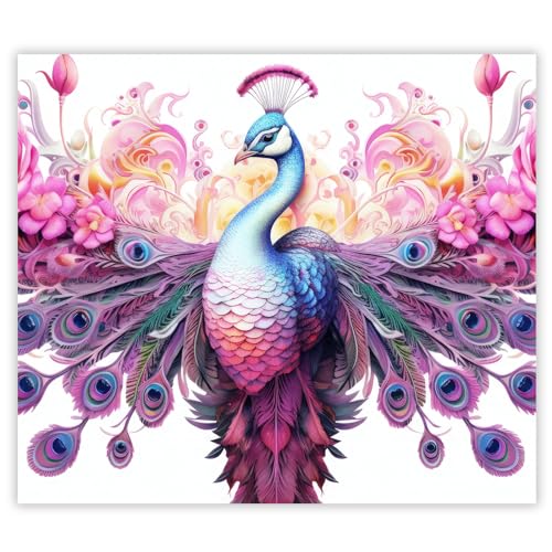 SMTDeco Herdabdeckplatte 60×52 cm – Mehr Arbeitsfläche, Spritzschutz & Schneidebrett – ESG Glas, kratzfest – für Induktion/Ceranfeld – 1-teilig, Motiv Pfau Blumen Rosa von SMTDeco