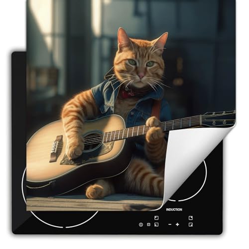 SMTDeco herdabdeckplatte Induktionsmatte herdabdeckung ceranfeld abdeckplatten für ceranfelder induktionskochfeld schutzmatte 60x52 cm Katze Gitarre Orange von SMTDeco