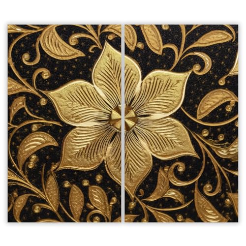 SMTDeco Herdabdeckplatte Induktion Ceranfeldabdeckung aus Glas Schneidebrett Herdschutz 2 x 30x52 cm 2-tlg. Blumen Ornament Gold (104603) von SMTDeco