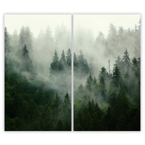 SMTDeco Herdabdeckplatte 2×30×52 cm – Mehr Arbeitsfläche, Spritzschutz & Schneidebrett – ESG Glas, kratzfest – für Induktion/Ceranfeld – 2-teilig, Motiv Nebel Wald Grün von SMTDeco