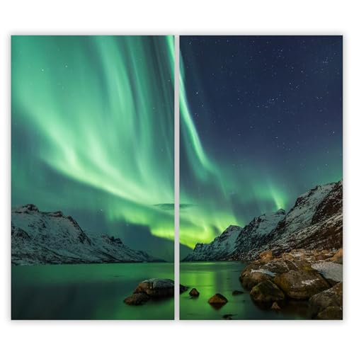 SMTDeco Herdabdeckplatte 2×30×52 cm – Mehr Arbeitsfläche, Spritzschutz & Schneidebrett – ESG Glas, kratzfest – für Induktion/Ceranfeld – 2-teilig, Motiv Nordlichter Grün von SMTDeco