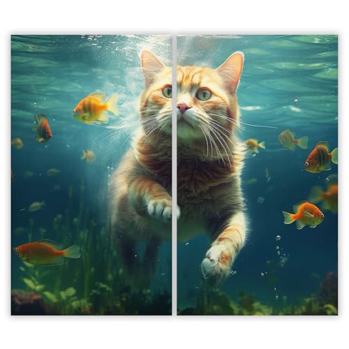 SMTDeco Herdabdeckplatte Induktion Ceranfeldabdeckung aus Glas Schneidebrett Herdschutz 2 x 30x52 cm 2-tlg. Wasser Katze Orange (104564) von SMTDeco