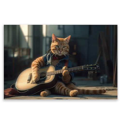 SMTDeco Herdabdeckplatte 80×52 cm – ESG gehärtetes Glas, kratzfest & rutschfest – Spritzschutz & Schneidebrett – für Induktion/Ceranfeld – 1-teilig, Motiv Katze Gitarre Orange von SMTDeco
