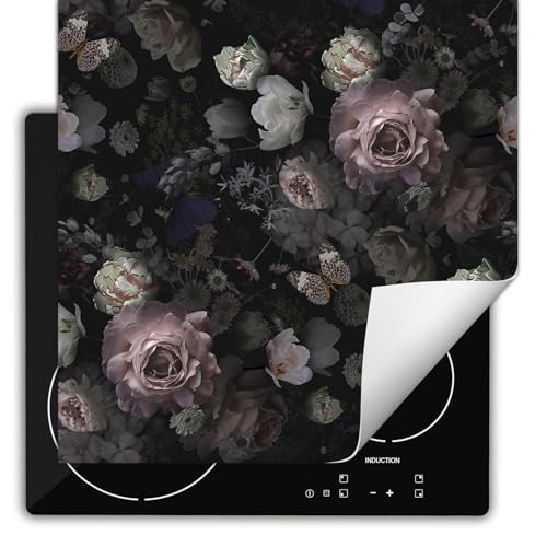 SMTDeco herdabdeckplatte Induktionsmatte herdabdeckung ceranfeld abdeckplatten für ceranfelder induktionskochfeld schutzmatte 60x52 cm Blumen Schwarz von SMTDeco