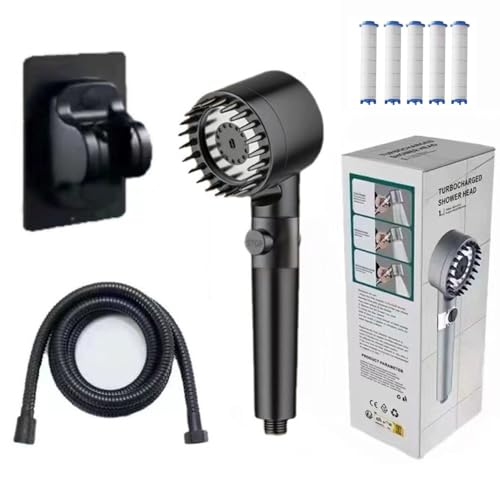 Vitashower 2.0 Adlox, Vita Shower Duschkopf Adlox, Vitashower Duschkopf, Druckverstärkender Verstellbarer Hochdruck Handbrause Mit Schlauch Und Halterung, 3 Strahlarten,Black-2M von SMTSEC