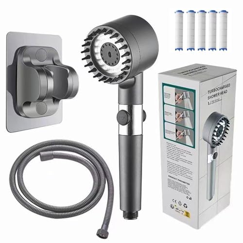 Vitashower 2.0 Adlox, Vita Shower Duschkopf Adlox, Vitashower Duschkopf, Druckverstärkender Verstellbarer Hochdruck Handbrause Mit Schlauch Und Halterung, 3 Strahlarten,Grey-1.5M von SMTSEC