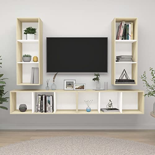 Wandmontierte TV-Schränke, 4-teilig, Weiß und Sonoma-Eiche, Holzwerkstoff von SMTSEC