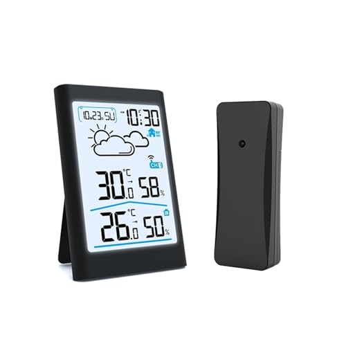 Digitale Wetterstation Indoor Outdoor Hygrometer Thermometer Wireless Wettervorhersage Sensor Wecker Datum Hintergrundbeleuchtung(Black) von SMTYXS